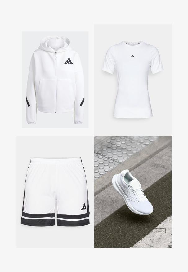 Bijela zip-jakna s crnim detaljima, velikim prednjim džepovima, mekanim teksturiranim materijalom i opuštenim krojem. Sadrži kapuljaču i logo brenda na prsima.; Bjela atletska majica s kratkim rukavima, izrađena od glatkog, rastezljivog materijala. Na prsima se nalazi mali crni Adidas logo.; Bijele atletske kratke hlače s crnim akcentima, sa rastezljivim pojasom i kontrastnim crnim trakama duž rubova i sa strane.; Bijela atletska cipela s mrežastim gornjim dijelom, vezanjem i teksturiranom potplatom. Neprimjetni brend i detalji bešavne izrade su vidljivi.