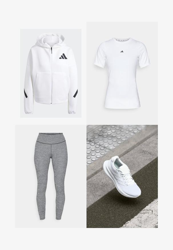 Hvid zip-up hoodie med sorte accenter, store frontlommer, blødt tekstureret stof og en afslappet pasform. Har hætte og brandlogo på brystet.; Hvid atletisk skjorte med korte ærmer, lavet af glat, strækbart stof. Har et lille sort Adidas-logo på brystet.; Grå, højtaljede leggings med en tekstureret stof. Designet til en tætsiddende pasform, med en sømløs talje og ingen synlig hardware.; Hvide sportsko med overdel i netmateriale, snørebåndsdesign og struktureret sål. Subtile branding og sømløse konstruktionsdetaljer er synlige.