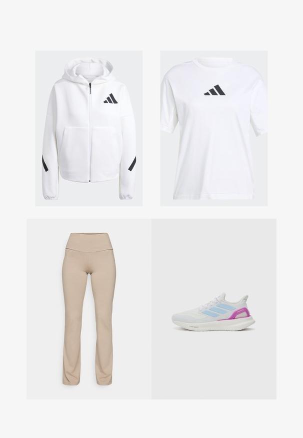 Fehér, cipzáros kapucnis pulóver fekete részletekkel, nagy elülső zsebekkel, puha textúrájú anyagból és laza szabással. Kapucnival rendelkezik, és a mellkasán található a márka logója.; Fehér pamut póló, fekete Adidas logóval, mely háromszög formában helyezkedik el a mellkason, rövid ujjú és laza szabású.; Beige leggings magas derékban, puha, rugalmas anyagból készült. Simára csiszolt textúrával és szűkített fazonnal, amely a bokánál szűkül.; adidas Performance PUREBOOST 5 - Utcai futócipők - white/glow blue/purple burst
