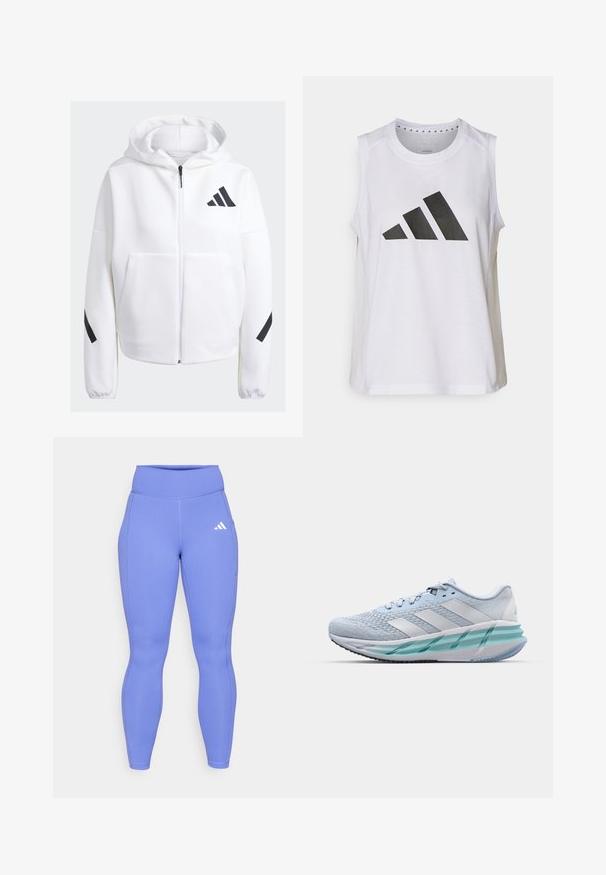 Bílá mikina na zip s černými akcenty, velké přední kapsy, měkká texturovaná tkanina a uvolněný střih. Obsahuje kapuci a logo značky na hrudi.; Bílý sportovní top bez rukávů s kulatým výstřihem, na přední straně s velkým černým logem Adidas složeným ze tří pruhů.; Fialové žebrované legíny vyrobené z elastického materiálu, s vysokým pasem a malým bílým logem na horní části stehna.; Světlomodré sportovní boty s texturovaným pleteným svrškem, bílými akcenty a průhledným zeleným mezipodešví. Oválná špička a polstrovaný límec.