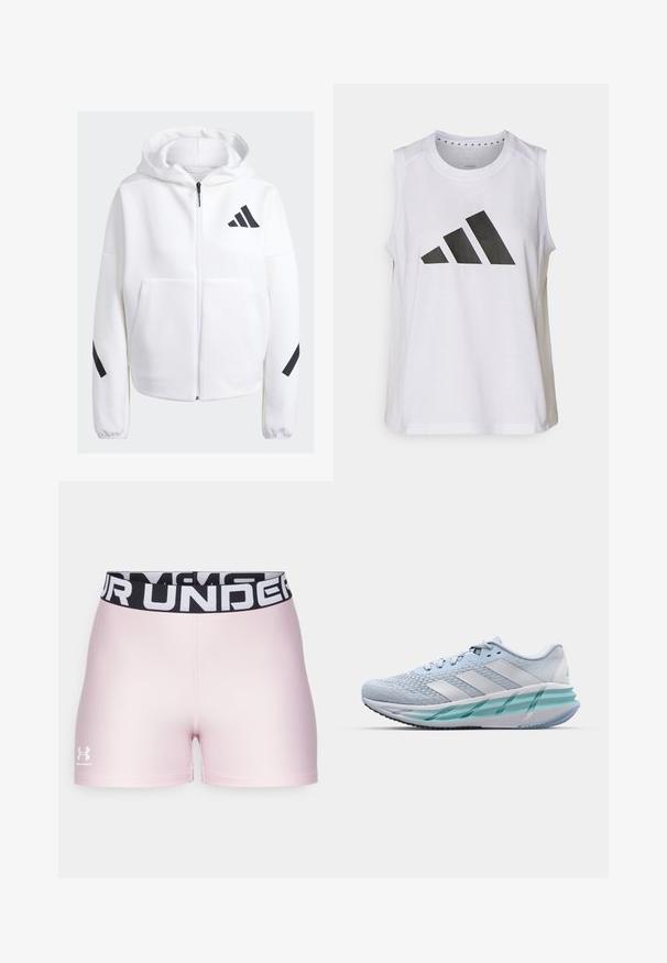 Felpa bianca con zip, dettagli neri, ampie tasche frontali, tessuto morbido e dalla consistenza piacevole, e una vestibilità rilassata. Presenta un cappuccio e il logo del marchio sul petto.; Top atletico bianco senza maniche con scollatura rotonda, caratterizzato da un grande logo Adidas nero composto da tre strisce sul davanti.; Shorts sportivi rosa realizzati in materiale liscio con una fascia elastica nera che presenta il testo bianco "UNDER ARMOUR". Logo in basso a sinistra.; Scarpe da ginnastica azzurro chiaro con tomaia in maglia testurizzata, accenti bianchi e suola intermedia verde trasparente. Punta rotonda e colletto imbottito.