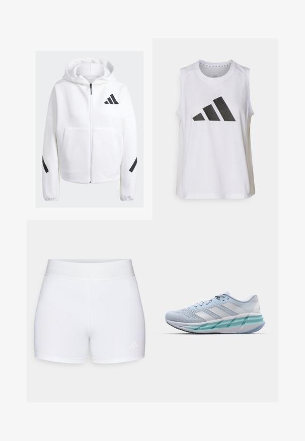 Valge tõmblukuga kapuutsiga sviiter mustade detailidega, suured ees taskud, pehme tekstuuriga kangas ja mugav lõike. Omab kapuutsi ja brändi logo rinnal.; Valge ilma varrukateta sporditop, ümarate kaelustega, mille ees on suur must Adidas'i logo, mis koosneb kolmest triibust.; Valged spordilühikesed, millel on sile tekstuur, elastne vöökoht koos kõrgendatud logoga ning minimalistlik disain.; Heledad sinise värviga spordijalatsid tekstuuriga kudumise ülaosaga, valgete aktsentidega ja läbipaistva rohelise vaheosaga. Ümar nina ja pehmendatud kaelus.