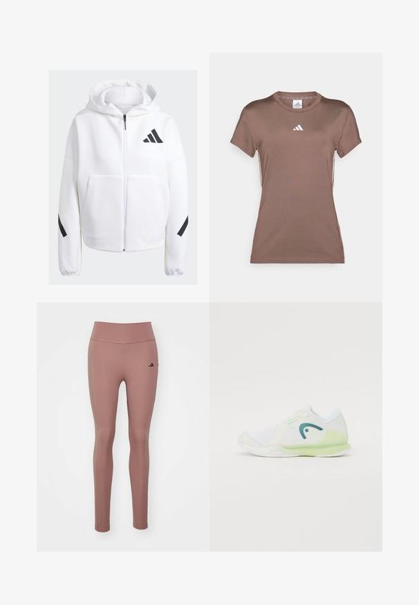 Baltas užtrauktukas su juodais akcentais, didelėmis priekinių kišenėmis, minkšta tekstūruota medžiaga ir atsipalaidavęs fasonas. Turi kapučioną ir prekės ženklą ant krūtinės.; adidas Performance Sportiniai marškinėliai trumpomis rankovėmis - earth strata/white; Rožinės sportinės legginsai, pagaminti iš elastingos medžiagos. Aukštas liemuo, lygus paviršius ir mažas juodas logotipas ant kairiojo klubo.; Balti sportiniai bateliai su tinklo viršumi ir guminio pado, akcentuoti žalia kulne ir šviesiai mėlynais akcentais, su moderniu dizainu.