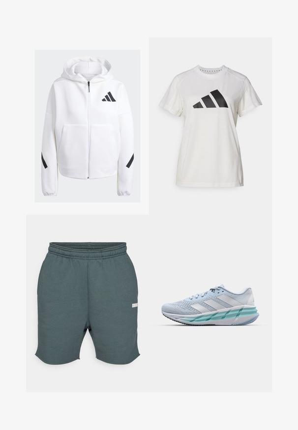 Sudadera blanca con cremallera y detalles en negro, grandes bolsillos frontales, tejido suave y texturizado, y un corte relajado. Presenta una capucha y el logotipo de la marca en el pecho.; Camiseta atlética blanca de tejido suave. Presenta mangas cortas y un gran logotipo negro de Adidas con tres rayas debajo.; Björn Borg STUDIO OVERSIZED SHORTS - Pantalón corto de deporte - urban chic; Zapatillas deportivas azul claro con un upper de punto texturizado, acentos blancos y una suela intermedia verde transparente. Punta redondeada y cuello acolchado.