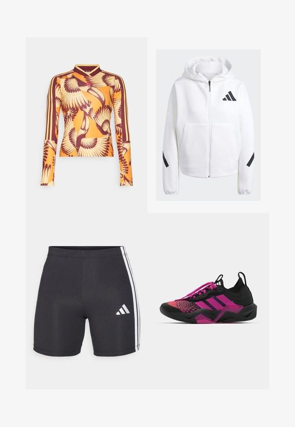Hvit zip-up hettejakke med svarte detaljer, store frontlommer, myk teksturert stoff og en avslappet passform. Har hette og merkevarelogo på brystet.; Langermet topp i oransje, med et fuglemønster i brunt. Laget av glatt materiale, med v-hals og striper langs ermene.; Svarte treningsshorts laget av elastisk stoff, med hvite sidestroppene og et Adidas-logo på den nederste høyre benet. Glatt tekstur.; Svart og rosa treningssko med teksturert overdel, mønstrede detaljer, fremtredende snøringer og en klumpete såle med rosa detaljer.