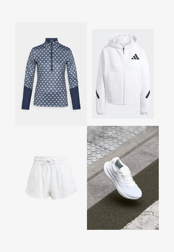 Balts zip-up džemperis ar melniem akcentiem, lieli priekšējie kabatas, mīksts teksturēts audums un brīvs griezums. Iekļauj kapuci un zīmola logo uz krūšu daļas.; Garums piedurknes, ar rāvējslēdzēju aizdara tumši zils tops ar ģeometrisku baltu rakstu; ar vienkrāsainiem tumši ziliem akcentiem uz piedurknēm un apkakles.; Baltas sporta šorts ar elastīgu jostu un regulējamu auklu. Izgatavoti no viegla materiāla, ar sānu kabatām un brīvu piegriezumu.; Balta sporta apava, kas izgatavota no acu materiāla, ar sasaistes dizainu un teksturētu zoli. Redzamas smalkas zīmola detaļas un bezšuvju konstrukcija.