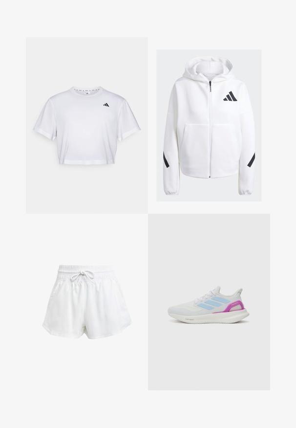 Balts zip-up džemperis ar melniem akcentiem, lieli priekšējie kabatas, mīksts teksturēts audums un brīvs griezums. Iekļauj kapuci un zīmola logo uz krūšu daļas.; Balts īsa krekls, kas izgatavots no mīksta auduma, ar īsām piedurknēm un apaļu kakla izgriezumu. Melna logo kreisajā krūtī.; Baltas sporta šorts ar elastīgu jostu un regulējamu auklu. Izgatavoti no viegla materiāla, ar sānu kabatām un brīvu piegriezumu.; adidas Performance PUREBOOST 5 - Apavi skriešanai pa asfaltu - white/glow blue/purple burst
