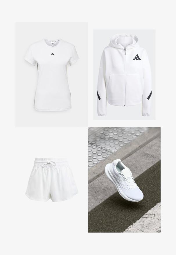 Haut de sweatshirt zippé blanc avec des accents noirs, grandes poches avant, tissu doux et texturé, et coupe décontractée. Comprend une capuche et un logo de la marque sur la poitrine.; T-shirt de sport à manches courtes blanc avec logo Adidas noir, col rond et bandes latérales discrètes. Texture lisse et coupe standard.; Shorts de sport blancs avec une taille élastique et un cordon de serrage réglable. Fabriqués en matériau léger, ils sont dotés de poches latérales et d'une coupe ample.; Baskets blanches de sport avec une tige en maille, un design à lacets et une semelle texturée. Marquage subtil et détails de construction sans coutures visibles.