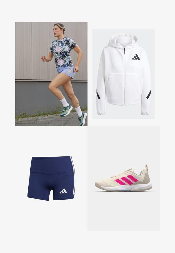 Bílá mikina na zip s černými akcenty, velké přední kapsy, měkká texturovaná tkanina a uvolněný střih. Obsahuje kapuci a logo značky na hrudi.; adidas Performance TEE - Sportovní tričko - aurora ink/sandy pink; Tmavě modré sportovní šortky s těsným střihem, vyrobené z hladké látky, s bílými bočními pruhy a logem na dolní levé straně.; Béžová sportovní obuv s růžovým logem tří pruhů, texturovaným síťovaným svrškem, polstrovaným límcem a bílou gumovou podešví, s označením "LIGHTSTRIKE".