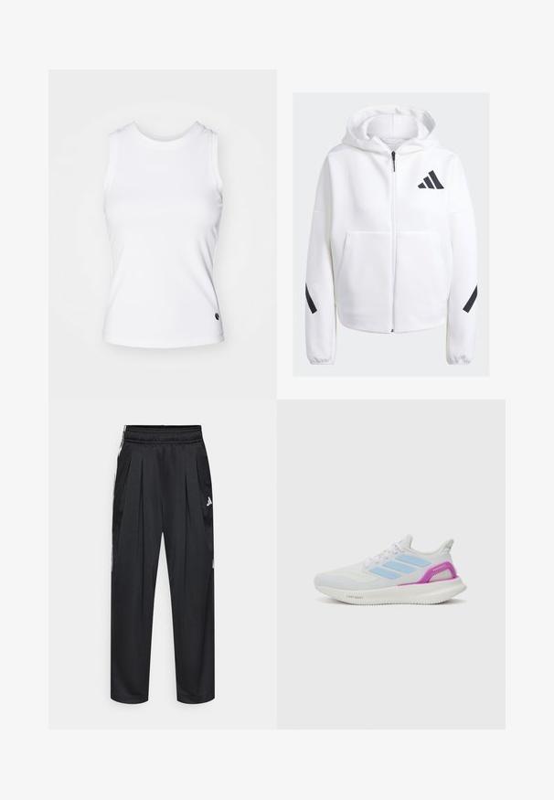 Balts zip-up džemperis ar melniem akcentiem, lieli priekšējie kabatas, mīksts teksturēts audums un brīvs griezums. Iekļauj kapuci un zīmola logo uz krūšu daļas.; Balts bez piedurknēm tops, kas izgatavots no gludas auduma, ar noapaļotu dekoltē un mazu melnu logo apakšmalā. Vienkāršs dizains, bez rakstiem.; Melnas sporta bikses ar krokojumu, elastīgu jostasvietu un sānu svītrām. Izgatavotas no gludas auduma, ar baltu Adidas logotipu.; adidas Performance PUREBOOST 5 - Apavi skriešanai pa asfaltu - white/glow blue/purple burst