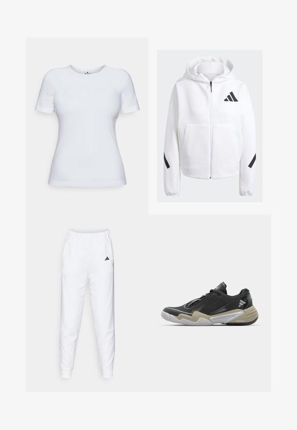 Sudadera blanca con cremallera y detalles en negro, grandes bolsillos frontales, tejido suave y texturizado, y un corte relajado. Presenta una capucha y el logotipo de la marca en el pecho.; Camiseta corta blanca de algodón, con cuello redondo y corte ajustado. Sin patrones ni detalles visibles.; Pantalones deportivos blancos con cintura y puños elásticos. Cuenta con bolsillos laterales y un pequeño logotipo negro en el muslo izquierdo. Acabado de tela suave.; Zapatilla deportiva negra y beige con parte superior texturizada, diseño de suela prominente, acentos reflectantes y sistema de cordones. Construcción ligera.