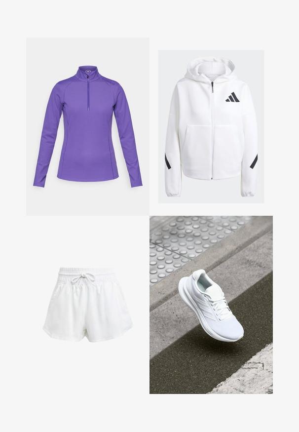 White zip-up hoodie with black accents, large front pockets, soft textured fabric, and a relaxed fit. Features a hood and brand logo on chest.; Purple long-sleeve shirt with a stand collar and a half-zipper. Made of smooth, stretchy fabric featuring flat seams and logo detailing on the shoulder.; White athletic shorts with an elastic waistband and adjustable drawstring. Made from lightweight material, featuring side pockets and a loose fit.; White athletic shoe featuring a mesh upper, lace-up design, and textured sole. Subtle branding and seamless construction details visible.