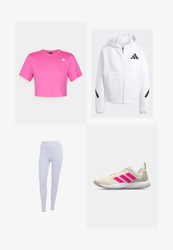 Valkoinen vetoketjuhuppari mustilla yksityiskohdilla, suuret etupockets, pehmeä tekstiilipinta ja rento fit. Mukana huppu ja brändilogo rinnassa.; Vaaleanpunainen lyhythihainen crop-top, joka on valmistettu pehmeästä puuvillasta. Siinä on lyhyet hihat ja pieni valkoinen logo vasemmassa rinnassa. Sujuva pinta klassisella leikkauksella.; Valkoiset leggingsit, jotka on valmistettu joustavasta kankaasta. Korkeavyötäröinen malli, jossa on sileä pinta ilman näkyviä saumoja tai kuvioita.; Beige urheilujalkine, jossa on vaaleanpunainen kolmonen-striippi-logo, teksturoitu verkko-yläosa, pehmustettu kaulus ja valkoinen kumipohja, jossa on "LIGHTSTRIKE" -brändäys.