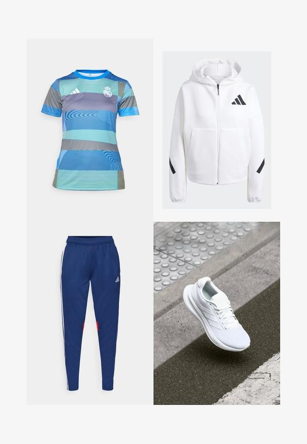 Biała bluza z kapturem na zamek błyskawiczny z czarnymi akcentami, dużymi przednimi kieszeniami, miękkim teksturowanym materiałem i luźnym krojem. Posiada kaptur oraz logo marki na klatce piersiowej.; Niebieska i zielona koszulka sportowa w wzory, z krótkimi rękawami, okrągłym dekoltem oraz haftowanym logiem klubu na piersi.; Granatowe spodnie dresowe z białymi paskami po bokach, elastyczną talią i czerwonymi akcentami przy dolnej krawędzi. Wykonane z gładkiego, lekkiego materiału.; Białe sportowe buty z siateczkową cholewką, sznurowanym zapięciem i teksturowaną podeszwą. Widoczne subtelne logo i detale bezszwowej konstrukcji.