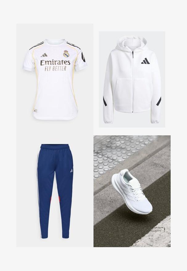 Fehér, cipzáros kapucnis pulóver fekete részletekkel, nagy elülső zsebekkel, puha textúrájú anyagból és laza szabással. Kapucnival rendelkezik, és a mellkasán található a márka logója.; Fehér focimez fekete és sárga kiegészítőkkel, kerek nyakkal, rövid ujjakkal, és a Real Madrid logójával a mellkason.; Tengerészhaditejű nadrág fehér oldalsávokkal, elasztikus derékpánttal és piros díszítéssel a szegély közelében. Simább, könnyű anyagból készült.; Fehér sportcipő hálós felsőrésszel, fűzős kialakítással és texturált talppal. Diszkrét logózás és zökkenőmentes kivitelezési részletek láthatók.