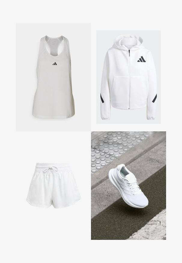 Haut de sweatshirt zippé blanc avec des accents noirs, grandes poches avant, tissu doux et texturé, et coupe décontractée. Comprend une capuche et un logo de la marque sur la poitrine.; Débardeur de sport blanc en tissu léger avec un dos nageur et un petit logo noir sur la poitrine.; Shorts de sport blancs avec une taille élastique et un cordon de serrage réglable. Fabriqués en matériau léger, ils sont dotés de poches latérales et d'une coupe ample.; Baskets blanches de sport avec une tige en maille, un design à lacets et une semelle texturée. Marquage subtil et détails de construction sans coutures visibles.