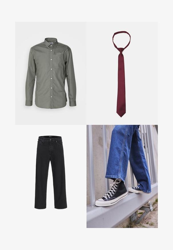 Halli halliga hall vormitav kapuutsiga pehme kangast, millel on avar kapuuts, kaks esist taskut ja ribadega varrukad ning alläär.; Meeste pika varrukaga särk oliivrohelisest kangast, nööbid ees, laia kraega ja ümmarguste mansettidega, millel on õrn tekstuur.; Mustad sirgedega teksapüksid, millel on nööp ja lukuga sulgemine, vöökohaga silmad ning ees- ja tagataskud.; Mustad mustade kõrgete tossudega, millel on valge tallaga ja valged paelad, koos vaba sinise denimidega, mis puhkavad hallil piiridel.; Burgundy satiinist lipsuka, sileda tekstuuriga, kitsas laius ja terav ots; varustatud mugava kinnituskummiga.; Must mustkott, millel on tekstuuriga tikitud muster. Ümar kuju, lühikesed ja jämedad sangad ning pehme, paindlik struktuur.