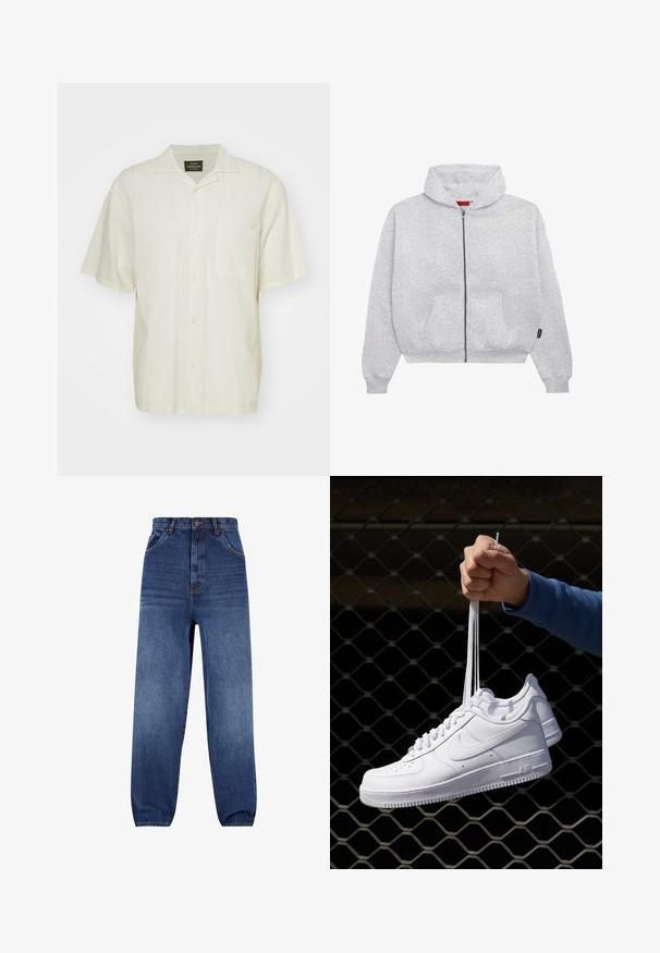 Felpa grigia con zip realizzata in tessuto morbido, dotata di un cappuccio ampio, due tasche frontali e polsini e orlo a costine.; Camicia a maniche corte di un leggero beige con un motivo testurizzato, chiusura con bottoni e una tasca sul petto. Il tessuto sembra leggero e traspirante.; T-shirt bianca in cotone con scollatura a girocollo, maniche corte e vestibilità rilassata. Presenta un design semplice senza motivi o accenti.; Jeans in denim di colore blu scuro. Design a vita alta con una vestibilità rilassata. Presentano tasche frontali e un effetto di sbiadimento sottile sulle gambe.; Sneakers in pelle bianca con perforazioni, punta rotonda, suola piatta e lacci spessi, con logo swoosh visibile e "AIR" sul tallone.