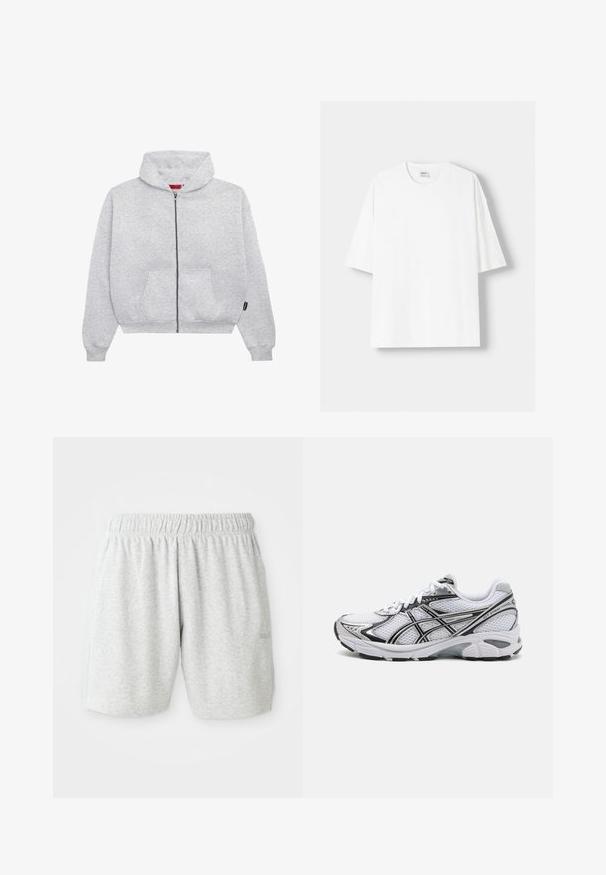 Harmaa vetoketjuhuppari, joka on valmistettu pehmeästä kankaasta. Siinä on tilava huppu, kaksi etutaskua ja ribattu resori hihansuissa ja helmassa.; Valkoinen lyhythihainen t-paita, joka on valmistettu puuvillasta, ominaisuutenaan pyöreä pääntie ja rento istuvuus. Sileä pinta, ilman näkyviä kuvioita tai yksityiskohtia.; Harmaat puuvillashortsit elastisella vyötäröllä, joissa on sileä pinta ja sivusaumapussit. Huomaamaton logo yksityiskohtana helmaosassa.; Valkoinen urheilusandaali, jossa on verkkomateriaali päällinen, mustat yksityiskohdat ja hopeiset yksityiskohdat. Varustettu pehmustetulla pohjalla ja nauhatekniikalla tuen tarjoamiseksi.