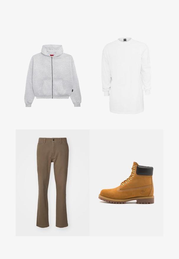 Grijze hoodie met rits, gemaakt van zachte stof, met een ruime capuchon, twee voorzakken en ribgebreide manchetten en onderkant.; Witte katoenen t-shirt met lange mouwen, ronde hals, losse pasvorm en ribgebreide manchetten. Eenvoudig ontwerp, geen afbeeldingen of patronen.; Bruine, rechte broek van katoen met een gladde structuur, met een knoopsluiting, rits en voorzakken.; Tan suède enkelboot met zwart gevoerd kraagje, gouden metalen oogjes, witte stikdetails en een robuuste rubberen zool met uitgesproken profiel.