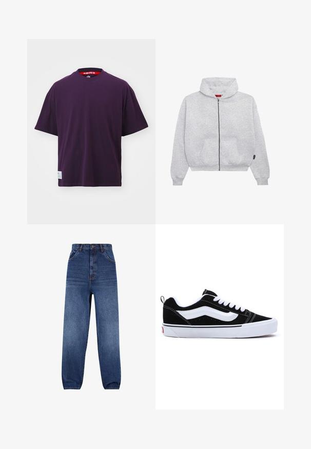 Harmaa vetoketjuhuppari, joka on valmistettu pehmeästä kankaasta. Siinä on tilava huppu, kaksi etutaskua ja ribattu resori hihansuissa ja helmassa.; Lyhythihainen violetti T-paita, joka on valmistettu puuvillasta. Ominaisuudet: pyöreä kaula-aukko ja etiketti alhaalla vasemmalla. Sujuva pinta ja löysä istuvuus.; Tummansiniset farkut. Korkeavyötäröinen muotoilu, jossa on rento leikkaus. Edessä on taskut ja lahkeissa on hienovarainen haalistumisvaikutus.; Mustat mokkasandaalit valkoisilla yksityiskohdilla, matala malli, nauhakiristys ja paksu valkoinen kumipohja. Brändilogo kantapäällä.