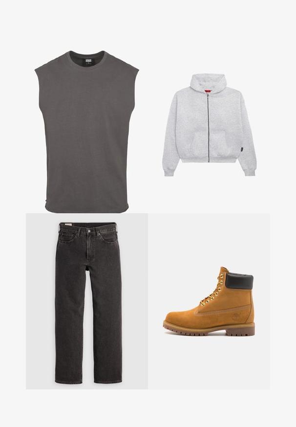 Siva zip-up kapuca iz mehkega blaga, ki ima prostorno kapuco, dve sprednji žepi ter rebraste manšete in rob.; Siva bombažna majica s kratkimi rokavi in okroglim izrezom ter sproščenim krojem. Enostaven dizajn, mehak na otip, brez vzorcev ali vidnih dodatkov.; Črne jeans hlače s ravnim krojem, petimi žepi in kovinskimi detalji. Tkanina ima rahlo teksturo in enotno barvno obdelavo.; Svetlo rjave anklne čizme iz semiša z črnim oblazinjenim ovratnikom, zlatimi kovinskimi očesci, belimi šivi in robustnim gumijastim podplatom s izrazitimi tredi.