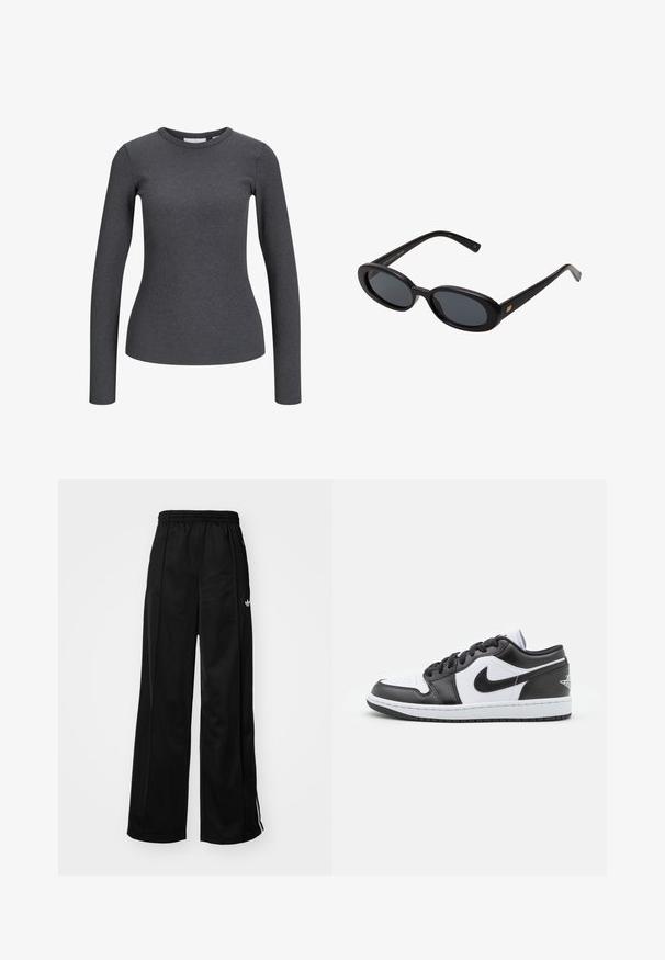 Grauer Reißverschluss-Hoodie aus weichem Stoff, mit einer geräumigen Kapuze, zwei Vorderaschen und gerippten Bündchen und Saum.; Langärmliges, geripptes Oberteil in Dunkelgrau. Mit Rundhalsausschnitt und figurnaher Silhouette. Aus einem dehnbaren Stoff für zusätzlichen Komfort gefertigt.; Schwarze weiter Schnitt Jogginghose mit elastischem Bund, mit weißen Seitenstreifen und kleinem Logo auf der linken Hüfte. Glatte Stofftextur.; Schwarz-weiße Nike Low-Top-Sneaker verfügen über ein glattes Leder-Obermaterial, eine runde Zehenpartie, eine Schnürung und eine gemusterte Gummisohle.; Schwarze, oversized Sonnenbrillen mit ovalen Gläsern, glattem Kunststoffrahmen und goldenen Akzenten an den Bügeln. Die dunklen Gläser bieten Sonnenschutz.