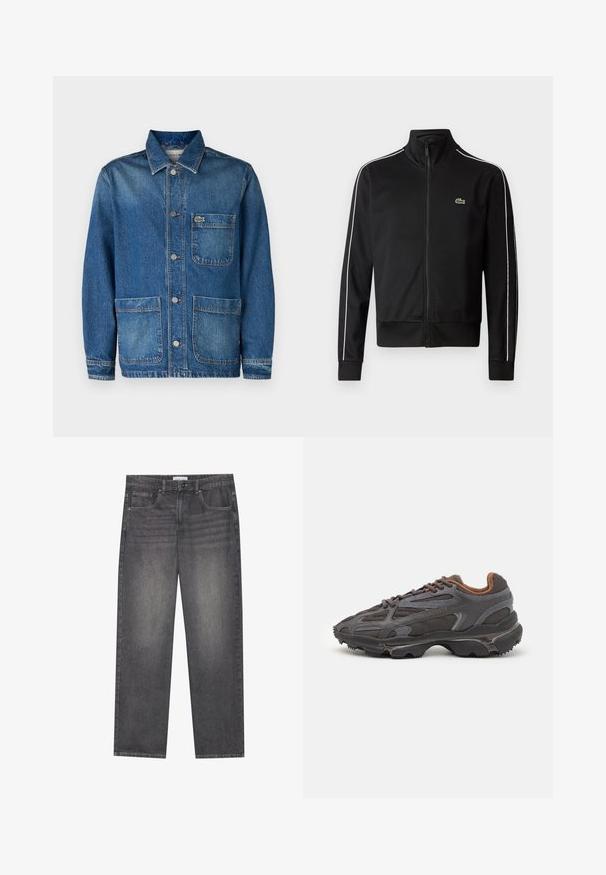 Giacca a zip nera in tessuto liscio, con strisce laterali bianche e un piccolo logo verde sul petto. Design con colletto alto.; Giubbotto in denim blu scuro con colletto classico, tasche frontali e chiusura con bottoni. Presenta un piccolo logo ricamato sulla tasca del petto.; Jeans in denim grigio scuro con taglio dritto, dotati di cinque tasche, chiusura frontale con bottone e lievi sbiadimenti su tutta la stoffa.; Sneaker Lacoste grigie scure in materiale mesh e sintetico, con suola testurizzata e dettagli marroni sul colletto e sul branding.