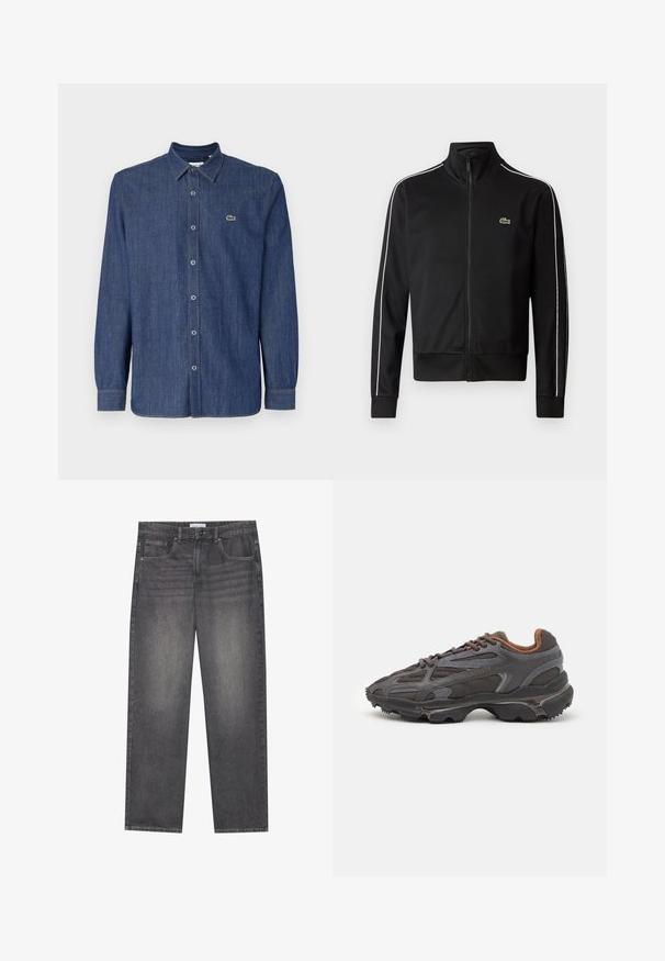 Crna zip-up trenerka izrađena od glatkog materijala, sa bijelim bočnim prugama i malim zelenim logotipom na prsima. Dizajn s visokim ovratnikom.; Tamno plava traper košulja dugih rukava s okruglim ovratnikom, prednjim dugmadi i malim zelenim logotipom na prsima.; Tamnosivi traperice s ravnim krojem, s pet džepova, prednjim kopčanjem na dugme i suptilnim izblijeđenim dijelovima na tkanini.; Lacoste tenisice u tamno sivoj boji s mrežastim i sintetičkim materijalom, s teksturiranom potplatom i smešnim akcentima na ovratniku i brandiranju.