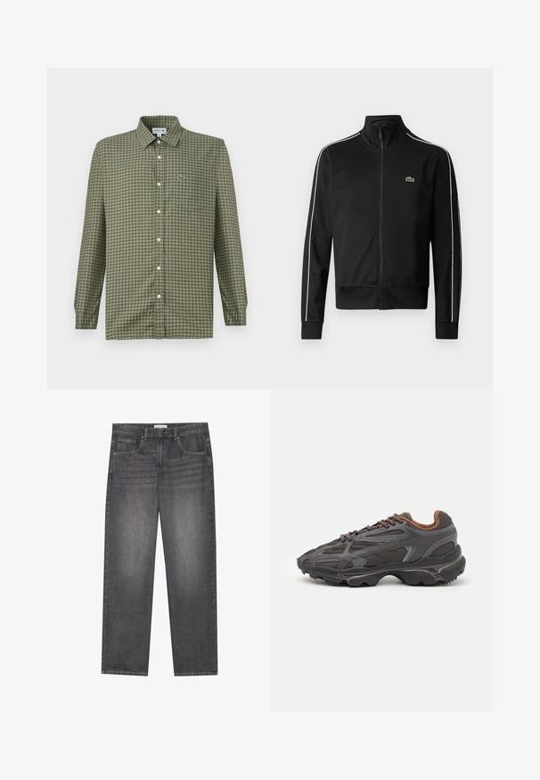 Czarna kurtka dresowa zapinana na zamek, wykonana z gładkiego materiału, z białymi paskami po bokach i małym zielonym logo na piersi. Wysoki kołnierz.; Zielona koszula w kratę zapinana na guziki z kołnierzykiem, długim rękawem i małym logo Lacoste po lewej stronie klatki piersiowej. Wykonana z lekkiego materiału.; Ciemnoszare dżinsy o prostym kroju, z pięcioma kieszeniami, z przodem na guziki oraz delikatnym przecieranym wykończeniem.; Sneakers Lacoste w ciemnoszarym kolorze, wykonane z siateczki i materiału syntetycznego, z teksturowaną podeszwą oraz brązowymi akcentami na kołnierzu i logotypie.