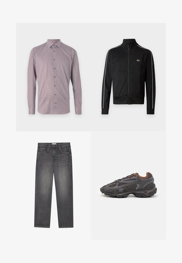 Schwarze Zip-Jacke aus glattem Stoff mit weißen Seitenstreifen und einem kleinen grünen Logo auf der Brust. Hoher Kragen.; Langarm-Hemd mit Knöpfen in Weiß mit einem rot-blauen geometrischen Muster. Verfügt über einen Kragen, Manschetten und einen geraden Schnitt.; Dunkelgraue Denim-Jeans mit geradem Schnitt, fünf Taschen, einem Frontknopfverschluss und subtilen Verfärbungen auf dem Stoff.; Lacoste Sneaker in Dunkelgrau aus Mesh und Synthetikmaterial, mit einer strukturierten Sohle und braunen Akzenten am Kragen und Logo.