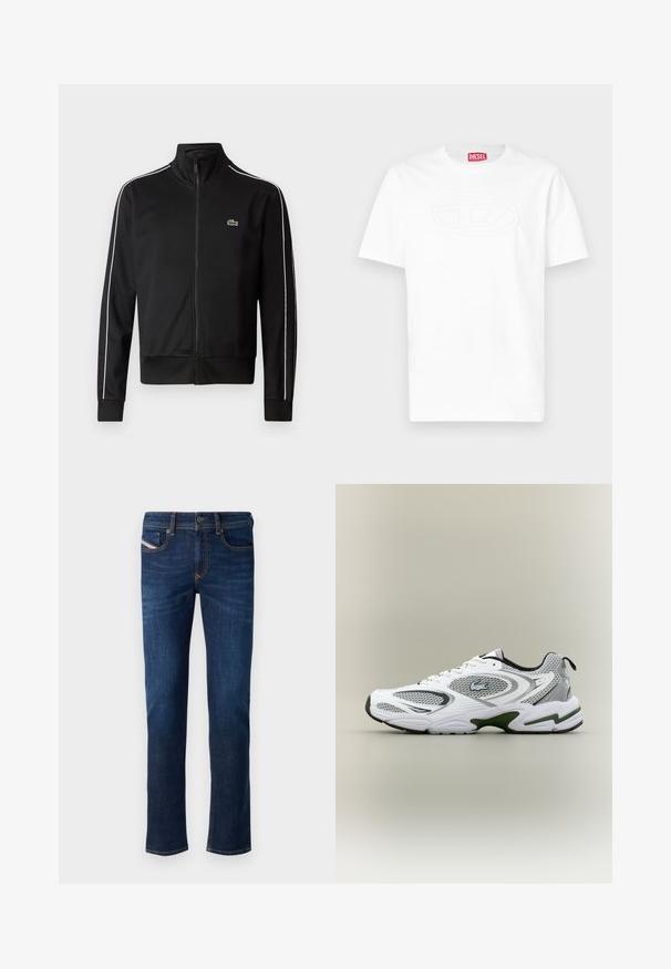 Črna jakna z zadrgo, izdelana iz gladkega materiala, z belimi stranskimi črtami in majhnim zelenim logotipom na prsih. Zasnova z visokim ovratnikom.; Bela majica kratkih rokavov z okroglim izbočenim logotipom na prsih in rdečo Diesel podpisno etiketo znotraj ovratnika.; Temno modri kavbojasti hlače s ravnim krojem, z oranžnim šivanjem in majhno označbo blagovne znamke na zadnjem žepu.; Bela in siva športna tekaška obutev z mrežastimi paneli, zelenimi poudarki, črnimi detajli in logotipom na strani, prikazana s zunanje strani.