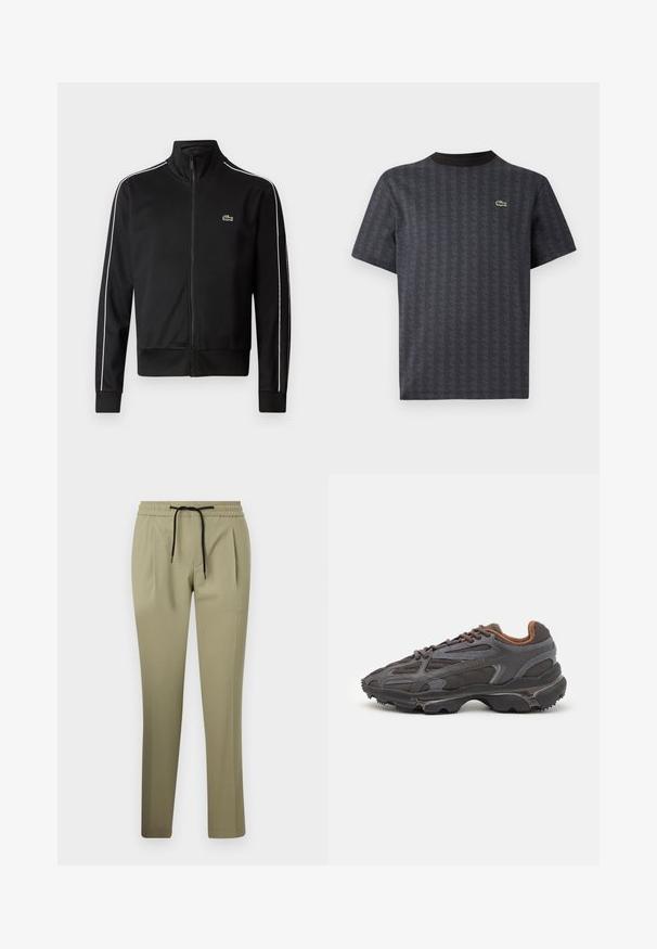 Veste de survêtement noire zippée en tissu lisse, avec des rayures blanches sur les côtés et un petit logo vert sur la poitrine. Conception à col montant.; T-shirt noir à manches courtes avec un motif géométrique et un logo crocodile vert, doté d'un col rond noir uni.; Pantalons kaki en tissu lisse avec une coupe décontractée, dotés d'une taille élastique et d'un cordon de serrage. Design à jambes droites avec des plis latéraux.; Baskets Lacoste en gris foncé, en matériau mesh et synthétique, avec une semelle texturée et des accents marron sur le col et le branding.