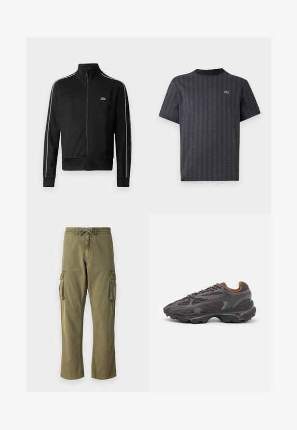 Giacca a zip nera in tessuto liscio, con strisce laterali bianche e un piccolo logo verde sul petto. Design con colletto alto.; T-shirt nera a maniche corte con motivo geometrico e logo di un coccodrillo verde, con colletto a girocollo nero uniforme.; Pantaloni cargo in misto cotone verde oliva, con vita elastica e coulisse, tasche cargo laterali e design a gamba dritta.; Sneaker Lacoste grigie scure in materiale mesh e sintetico, con suola testurizzata e dettagli marroni sul colletto e sul branding.