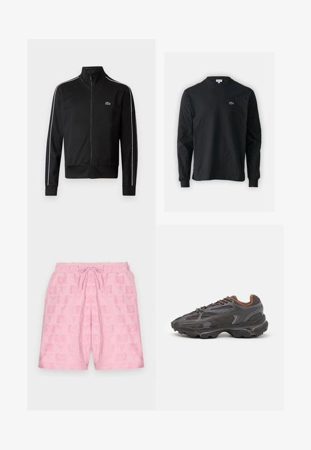 Zwarte zip-up sportjas van gladde stof, met witte zijstrepen en een klein groen logo op de borst. Hoge kraagontwerp.; Zwarte longsleeve t-shirt van katoen, met een ronde halslijn en een klein groen geborduurd krokodillenlogo op de linkerborst.; Roze shorts met een elastische tailleband en trekkoord; heeft een gestructureerd patroon van logo's en symbolen over de stof.; Lacoste sneakers in donkergrijs van mesh en synthetisch materiaal, met een gestructureerde zool en bruine accenten op de kraag en branding.