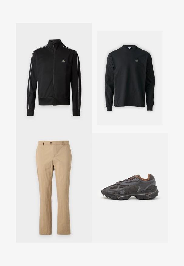 Mustast, siledast kangast zip-up takist, millel on valged külgtriibud ja väike roheline logo rinnal. Kõrge krae disain.; Must musta särk pikad varrukad, valmistatud puuvillast, ümar kaelus ja vasakul rinnal väike rohelise värvi tikandiga krokodillilogoga.; Beežist puuvillased püksid sirge sääre disainiga, millel on nööpkinnitus, vööloopid ja sile tekstuur. Nähtavad mustrid puuduvad.; Tumed hallid Lacoste tossud, mis on valmistatud võrkkangast ja sünteetilisest materjalist, omavad tekstureeritud talla ning pruune aktsente kaeluse ja brändingu juures.