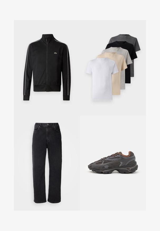 Mustast, siledast kangast zip-up takist, millel on valged külgtriibud ja väike roheline logo rinnal. Kõrge krae disain.; Viie lühikese varrukaga T-särgi komplekt, mis sisaldab valget, beeži, heletüüki, tumehallit ja musta. Valmistatud siledast puuvillast, ümmarguse kaela disainiga.; Mustad teksad sirge lõikega, viie taskuga ja kontrastsete õmblustega. Omab nööpkinnitust ja vöölõikeid.; Tumed hallid Lacoste tossud, mis on valmistatud võrkkangast ja sünteetilisest materjalist, omavad tekstureeritud talla ning pruune aktsente kaeluse ja brändingu juures.