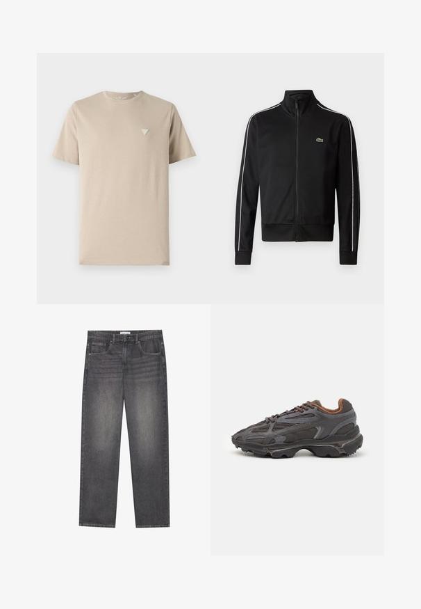 Zwarte zip-up sportjas van gladde stof, met witte zijstrepen en een klein groen logo op de borst. Hoge kraagontwerp.; Beige katoenen t-shirt met korte mouwen, ronde halslijn en een klein driehoekig logo geborduurd op de linkerkant van de borst. Euroopvlakte.; Donkergrijze denim jeans met een rechte snit, voorzien van vijf zakken, een knoopsluiting aan de voorkant en subtiele vervaging over de stof.; Lacoste sneakers in donkergrijs van mesh en synthetisch materiaal, met een gestructureerde zool en bruine accenten op de kraag en branding.