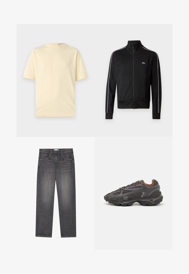 Black zip-up track jacket made of smooth fabric, featuring white side stripes and a small green logo on the chest. High collar design.; Light yellow cotton t-shirt with a round neckline and short sleeves. Features a subtle, printed logo on the left chest.; Dark gray denim jeans with a straight cut, featuring five pockets, a front button closure, and subtle fading across the fabric.; Lacoste sneakers in dark gray with mesh and synthetic material, featuring a textured sole and brown accents on the collar and branding.