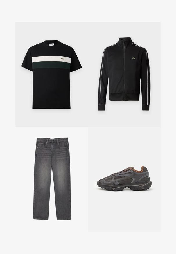 Mustast, siledast kangast zip-up takist, millel on valged külgtriibud ja väike roheline logo rinnal. Kõrge krae disain.; Must have mustt of cotton, ring neckline, featuring a horizontal stripe in cream and dark green across the chest and a small logo.; Tumedad hallid džинs подразденииinнари и виишь праканд нарх ялкаал еиргиктр панжии, лашкаай у.Е. нарер летмец вьимиджеч платарам.; Tumed hallid Lacoste tossud, mis on valmistatud võrkkangast ja sünteetilisest materjalist, omavad tekstureeritud talla ning pruune aktsente kaeluse ja brändingu juures.