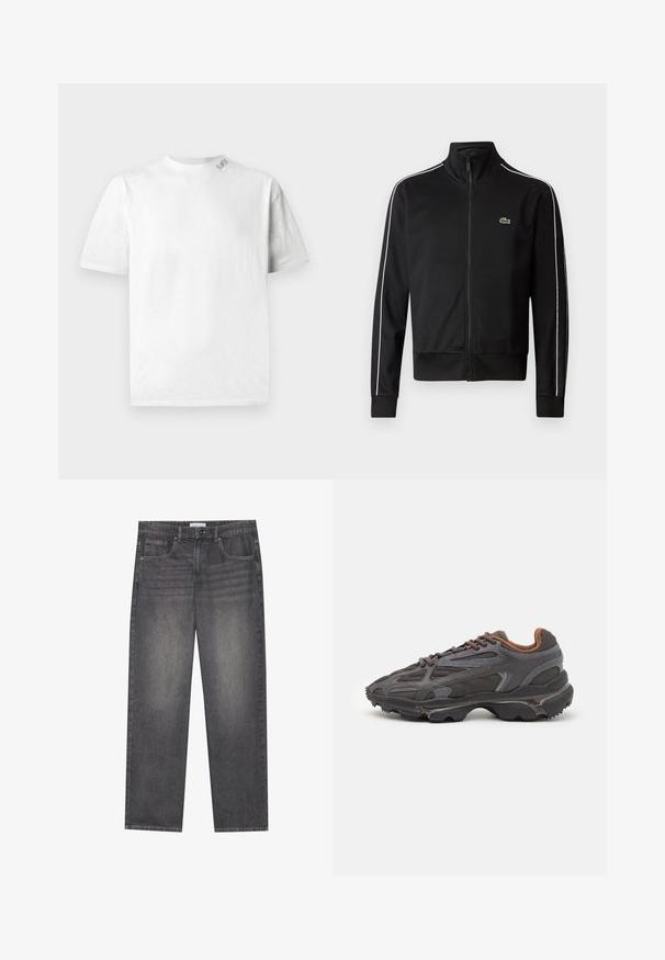 Black zip-up track jacket made of smooth fabric, featuring white side stripes and a small green logo on the chest. High collar design.; White short-sleeve T-shirt with a round neckline, featuring a subtle texture and a small logo detail on the left shoulder.; Dark gray denim jeans with a straight cut, featuring five pockets, a front button closure, and subtle fading across the fabric.; Lacoste sneakers in dark gray with mesh and synthetic material, featuring a textured sole and brown accents on the collar and branding.