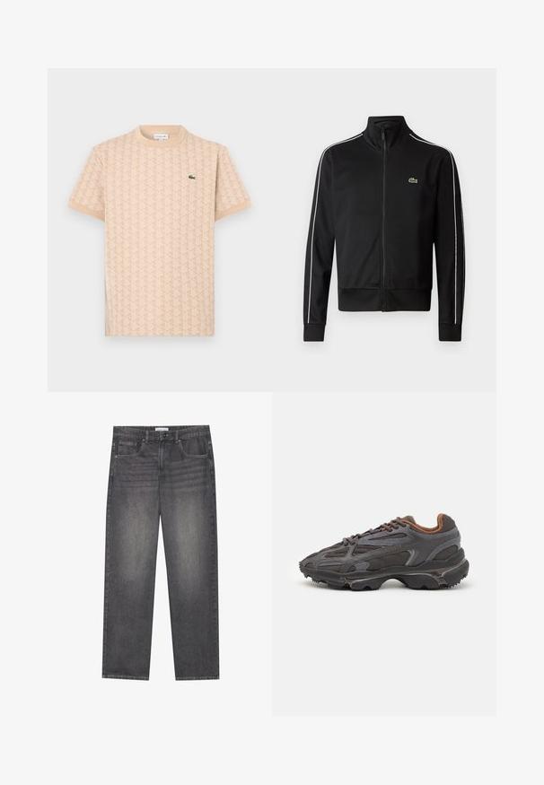 Černá jacket s vysokým límcem na zip vyrobená z hladkého materiálu, se bílými bočními pruhy a malým zeleným logem na hrudi.; Béžové tričko s krátkým rukávem, se geometrickým vzorem a zeleným krokodýlem Lacoste na levé straně hrudi.; Tmavě šedé džíny z denimu se rovnýmsakem, které mají pět kapes, zapínání na knoflík v přední části a jemné blednutí na látce.; Sněrovací boty Lacoste v tmavě šedé barvě s síťovinou a syntetickým materiálem, prezentující texturovanou podrážku a hnědé detaily na límci a logu.