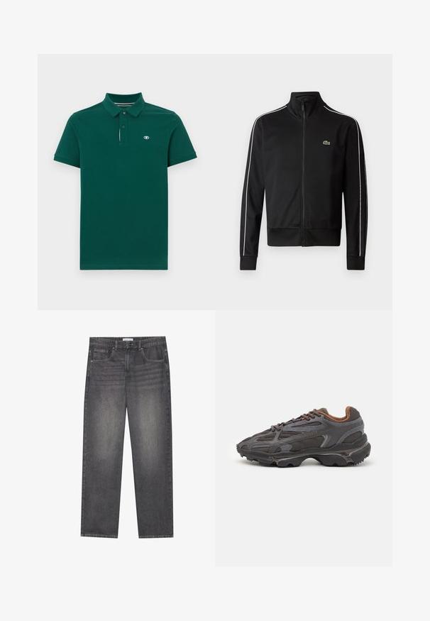 Jachetă sport neagră, cu fermoar, confecționată dintr-un material neted, având dungi albe pe laterale și un mic logo verde pe piept. Design cu guler înalt.; Tricou polo verde închis, din bumbac cu textură solidă, având guler, placket cu trei butoane și un logo mic pe piept.; Jeans negri de denim cu croială dreaptă, având cinci buzunare, închidere frontală cu nasture și o decolorare subtilă pe întreaga țesătură.; Adidași Lacoste de culoare gri închis, din material mesh și sintetic, cu o talpă texturată și accente maronii pe guler și branding.