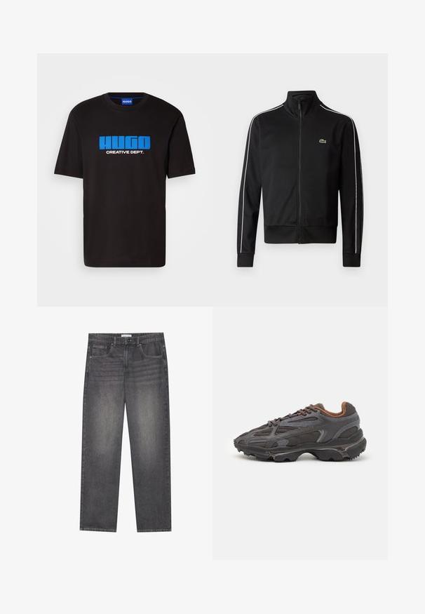 Czarna kurtka dresowa zapinana na zamek, wykonana z gładkiego materiału, z białymi paskami po bokach i małym zielonym logo na piersi. Wysoki kołnierz.; Czarna bawełniana koszulka z krótkim rękawem z niebieskim logo "HUGO" oraz napisem "CREATIVE DEPT." z przodu. Klasyczny krój z okrągłym dekoltem.; Ciemnoszare dżinsy o prostym kroju, z pięcioma kieszeniami, z przodem na guziki oraz delikatnym przecieranym wykończeniem.; Sneakers Lacoste w ciemnoszarym kolorze, wykonane z siateczki i materiału syntetycznego, z teksturowaną podeszwą oraz brązowymi akcentami na kołnierzu i logotypie.