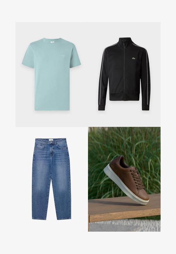 Zwarte zip-up sportjas van gladde stof, met witte zijstrepen en een klein groen logo op de borst. Hoge kraagontwerp.; Lichtblauwe katoen t-shirt met een ronde hals en korte mouwen. Voorzien van een klein merkembleem in het wit op de borst. Eenvoudig ontwerp.; Blauwe denim jeans met een hoge taille, rechte pijpen en een vervaagde afwerking. Beschikt over vijf zakken en een knoopsluiting.; Bruine leren sneaker met een witte rubberen zool, ronde neus en bruine veters. Getextureerde grip op de zool en een gladde afwerking op het bovenwerk.