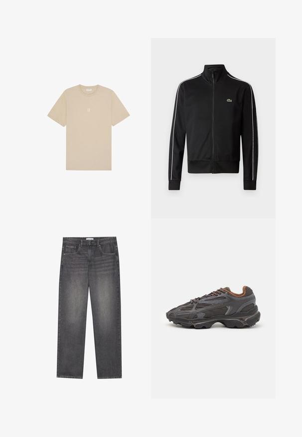 Svart zip-up träningsjacka i slät tyg, med vita sidestreck och en liten grön logotyp på bröstet. Hög krage.; Beige bomull t-shirt med korta ärmar och rundad krage. Har en liten, centrerad grafik "II" i en ljusare nyans.; Mörkgrå denimjeans med rak passform, som har fem fickor, knappstängning fram och subtila blekningar över tyget.; Lacoste-sneakers i mörkgrått med nät och syntetmaterial, med en strukturerad sula och bruna detaljer på kragen och varumärket.