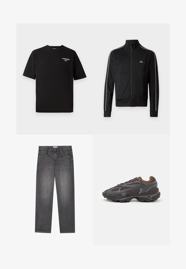 Fekete, sima anyagból készült, cipzáras sportdzseki, fehér oldalsávokkal és egy kis zöld logóval a mellkasán. Magas galléros kialakítás.; Fekete pamut póló rövid ujjakkal, kerek nyakkal, fehér hímzett "Jeu Set et Match" felirattal és egy zöld krokodil logóval.; Sötétszürke vászon farmernadrág egyenes szabással, öt zsebbel, elöl gombos záródással és enyhe halványodással az anyagon.; Sötét szürke Lacoste sportcipők hálós és szintetikus anyagból, textúrázott talppal és barna díszítésekkel a nyak részen és a logón.