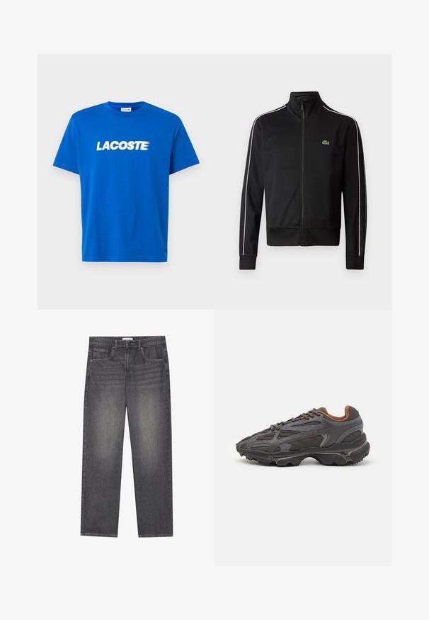 Juodas užtrauktukas sportinis švarkas, pagamintas iš lygios medžiagos, su baltais šonų dryžiais ir mažuoju žaliu logotipu krūtinėje. Aukšto apykaklės dizainas.; Mėlyna medvilninė trumpomis rankovėmis marškinėliai su apvalia iškirpte. Papuošti ryškiu baltu "LACOSTE" logotipu per krūtinę. Lygus audinys, laisvas kirpimas.; Tamsiai pilkos džinsinės kelnės su tiesiu kirpimu, turinčios penkias kišenes, priekinį knopkopį ir švelnų išblukimą audinyje.; Lacoste sportbačiai tamsiai pilki, pagaminti iš tinklinės ir sintetinių medžiagų, su tekstūruotu padu ir rudomis detalėmis ant apykaklės bei prekės ženklo.