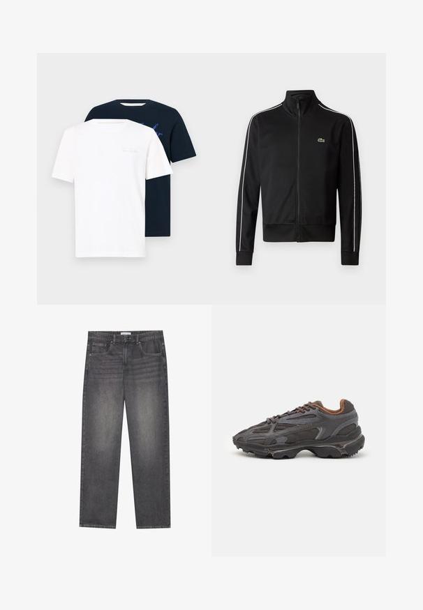 Zwarte zip-up sportjas van gladde stof, met witte zijstrepen en een klein groen logo op de borst. Hoge kraagontwerp.; Twee crew neck t-shirts: één wit met lichte tekst, één marineblauw met een grafische print. Beide zijn kort mouw en gemaakt van zachte stof.; Donkergrijze denim jeans met een rechte snit, voorzien van vijf zakken, een knoopsluiting aan de voorkant en subtiele vervaging over de stof.; Lacoste sneakers in donkergrijs van mesh en synthetisch materiaal, met een gestructureerde zool en bruine accenten op de kraag en branding.