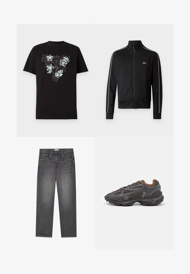 Černá jacket s vysokým límcem na zip vyrobená z hladkého materiálu, se bílými bočními pruhy a malým zeleným logem na hrudi.; Černé bavlněné tričko s trojúhelníkovým logem s květinovým vzorem ve světle modré a bílé barvě. Krátké rukávy a standardní střih.; Tmavě šedé džíny z denimu se rovnýmsakem, které mají pět kapes, zapínání na knoflík v přední části a jemné blednutí na látce.; Sněrovací boty Lacoste v tmavě šedé barvě s síťovinou a syntetickým materiálem, prezentující texturovanou podrážku a hnědé detaily na límci a logu.